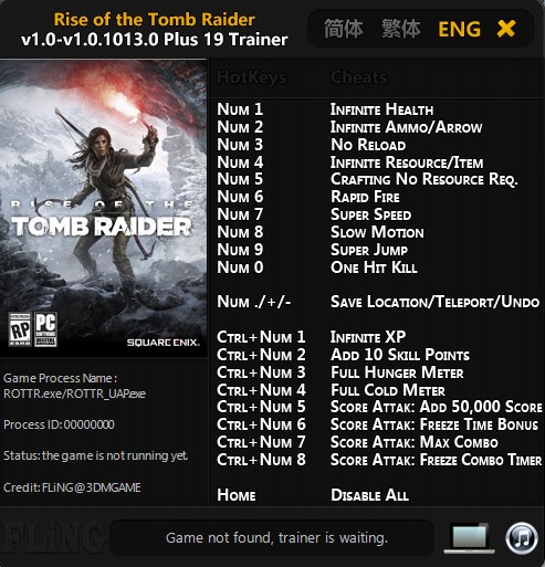 Rise of the Tomb Raider: Trainer +19 v1.0-v1.0.1013.0 {FLiNG}