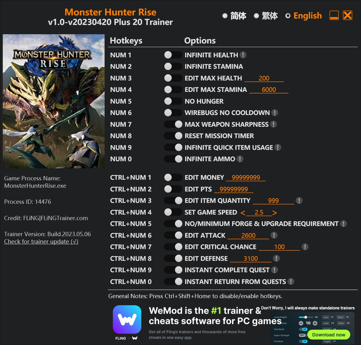 Monster Hunter Rise: Trainer +20 v1.0-v20230420 {FLiNG}