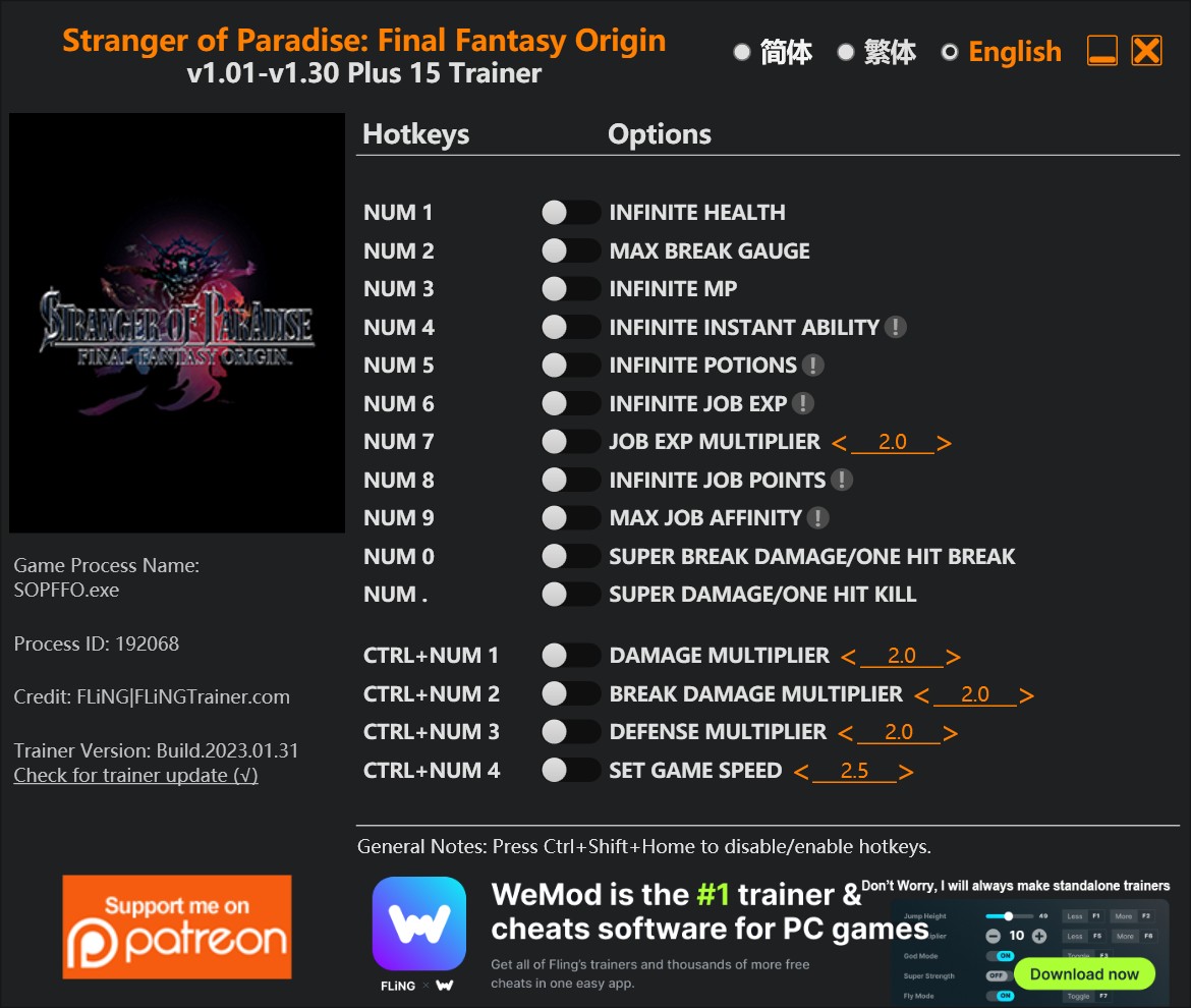 Stranger of Paradise: Final Fantasy Origin - Trainer +15 v1.01-v1.30 {FLiNG}