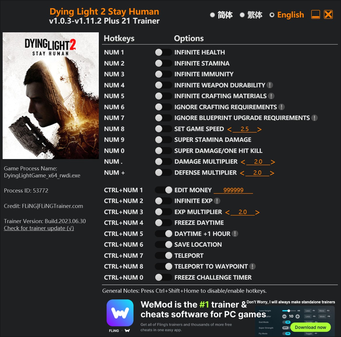 Dying Light 2 Stay Human: Trainer +21 v1.0.3-v1.11.2 {FLiNG}