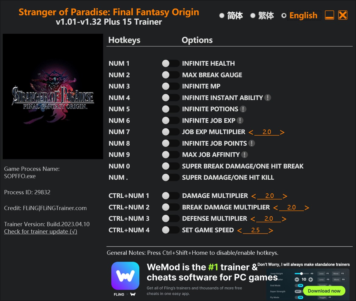 Stranger of Paradise: Final Fantasy Origin - Trainer +15 v1.01-v1.32 {FLiNG}