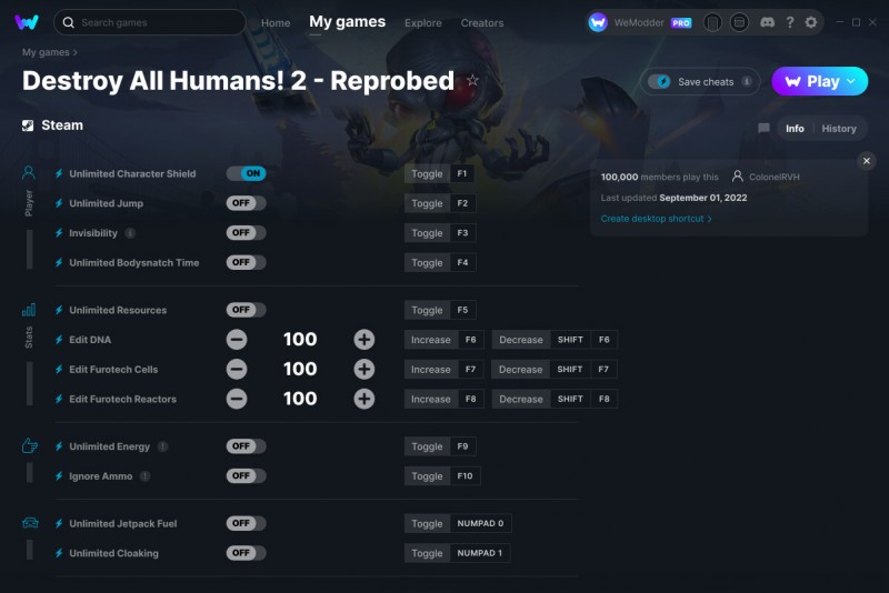 Destroy All Humans! 2: Reprobed - Trainer +15 v01.09.2022 {ColonelRVH / WeMod}