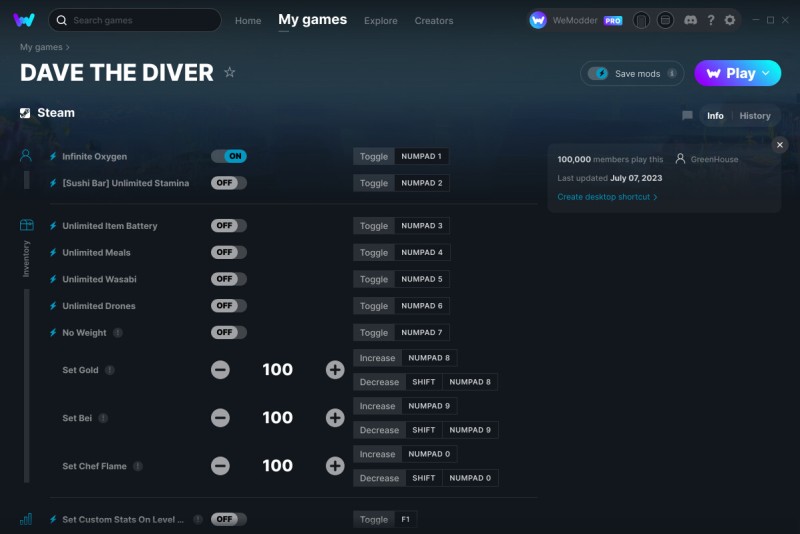 Dave The Diver: Trainer +13 v07.07.2023 {GreenHouse / WeMod}