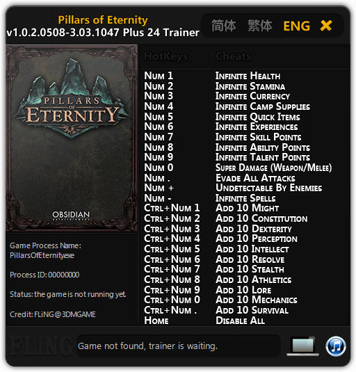 Pillars of Eternity: Trainer (+24) [1.0.2.0508-v3.03.1047] {FLiNG}