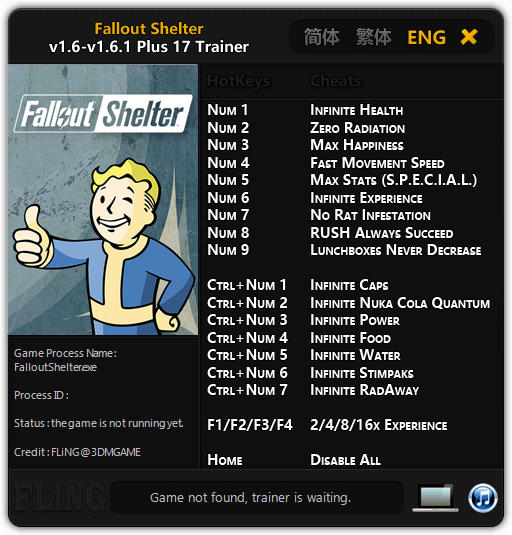 Fallout Shelter: Trainer +17 v1.6 - 1.6.1 {FLiNG}
