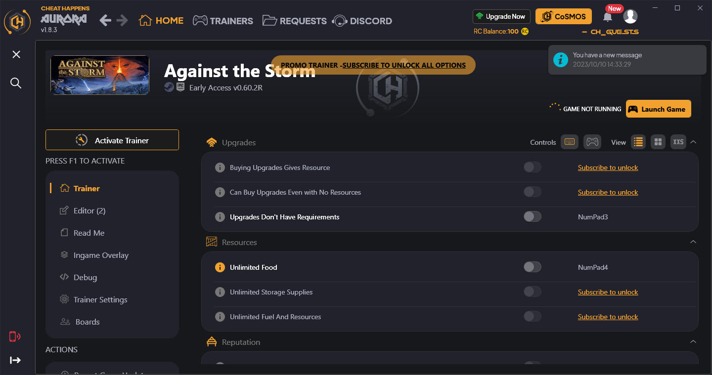 Against The Storm: Trainer +11 Early Access v0.60.2R (EPIC/STEAM) {CheatHappens.com}