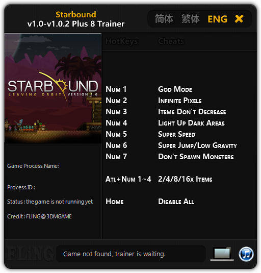 Starbound: Trainer (+8) [1.0 - 1.0.2: 64 Bit] {FLiNG}