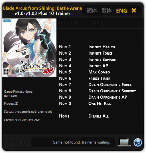 Blade Arcus from Shining: Battle Arena - Trainer +10 v1.0 - 1.03 {FLiNG}