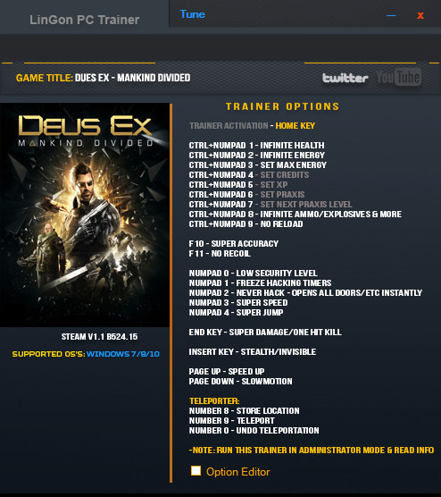 Deus Ex: Mankind Divided - Trainer +20 v1.1 Build 524.15 {LinGon}
