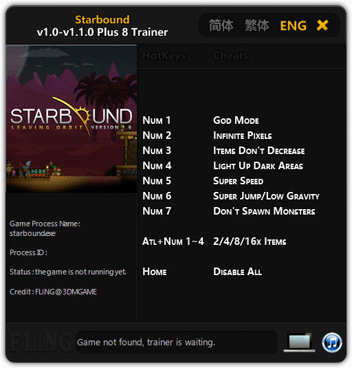 Starbound: Trainer (+8) [1.0 - 1.1.0: 64 Bit] {FLiNG}