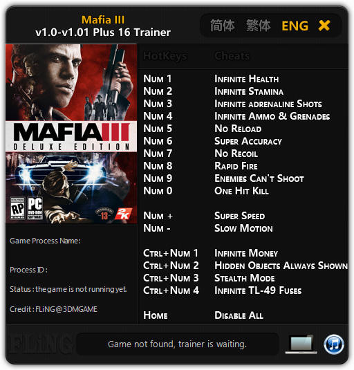 Mafia 3: Trainer (+16) [1.0 - 1.01] {FLiNG}