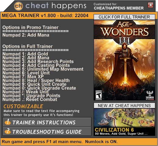 Age of Wonders 3: Trainer +13 v1.800 Build 22028 (+ETERNAL REALMS) {CheatHappens.com}