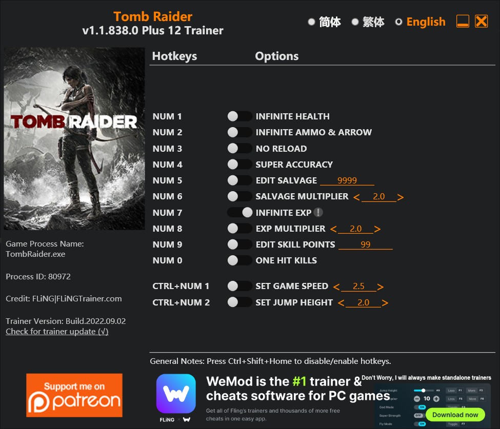 Tomb Raider 2013: Trainer +12 v1.1.838.0 {FLiNG}