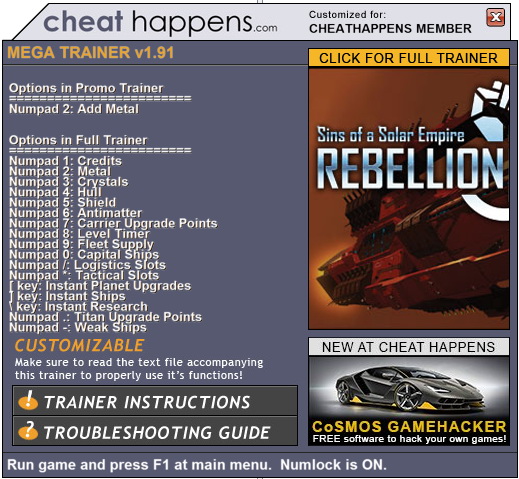 Sins of a Solar Empire: Rebellion - Trainer +17 (STEAM 1.92 08.17.2018) {CheatHappens.com}