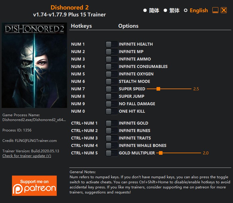 Dishonored 2: Trainer +15 v1.74-v1.77.9 {FLiNG}