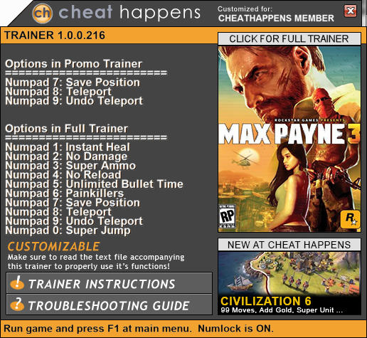 Max Payne 3: Trainer +8 (STEAM 12.16.2016) {CheatHappens.com}