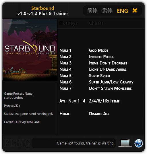 Starbound: Trainer (+8) [1.0 - 1.2: 64 Bit] {FLiNG}