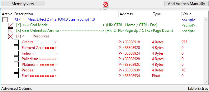 Mass Effect 2: Table for Cheat Engine [1.2.1604.0]