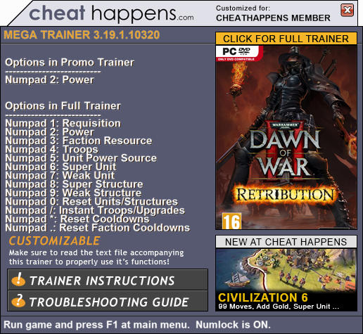 Warhammer 40k: Dawn of War 2 - Retribution: Trainer +12 v.3.19.1.10320 {CheatHappens.com}