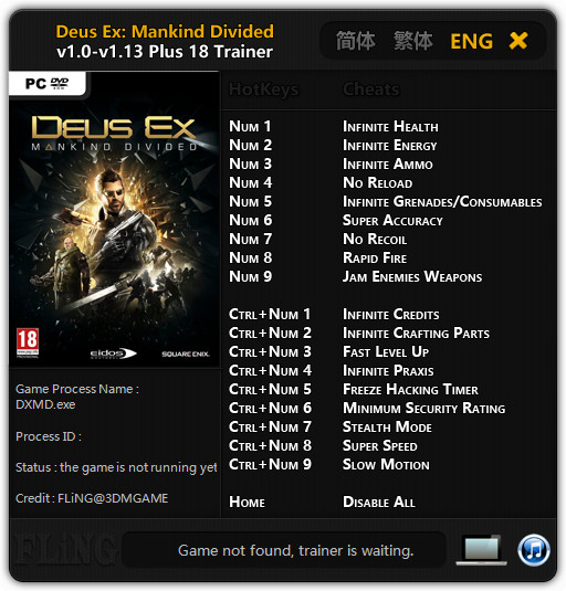 Deus Ex: Mankind Divided - Trainer (+18) [1.0 - 1.13] {FLiNG}