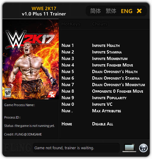 WWE 2K17: Trainer +11 v1.0 {FLiNG}