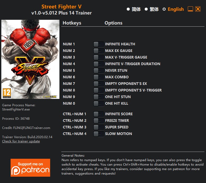 Street Fighter V: Champion Edition - Trainer +14 v1.0-v5.012 {FLiNG}