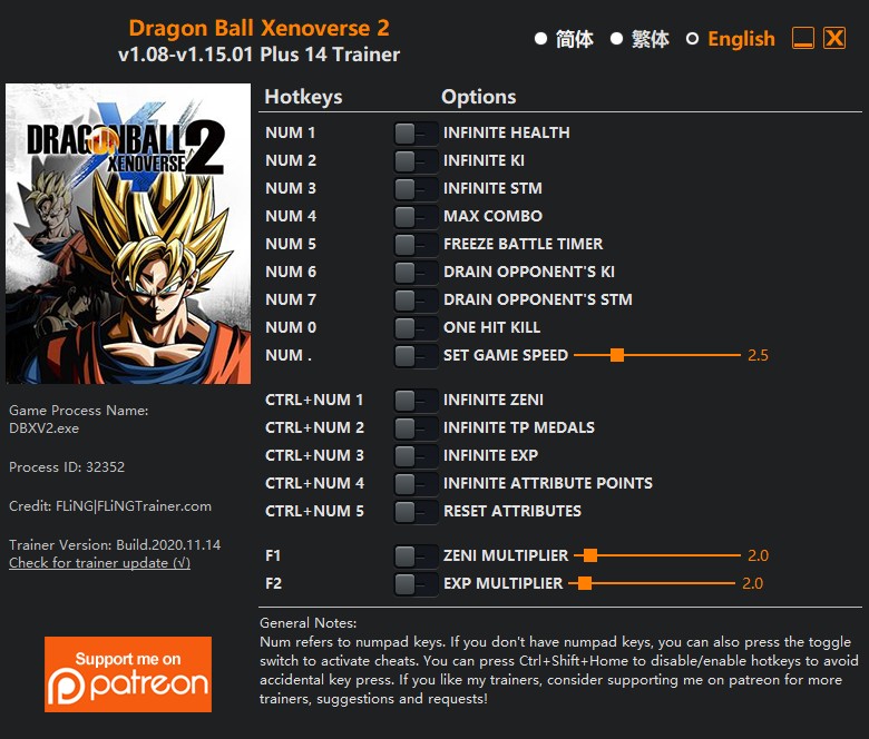 Dragon Ball Xenoverse 2: Trainer +14 v1.08-v1.15.01 {FLiNG}