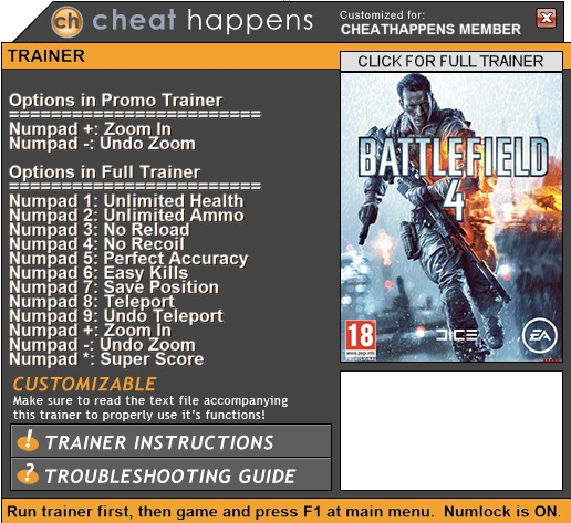 Battlefield 4: Trainer +9 (PATCH 03.21.2017 32-BIT ONLY) {CheatHappens.com}