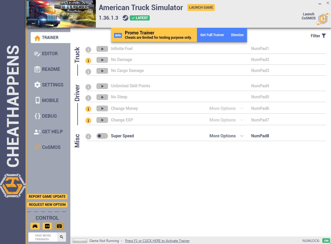American Truck Simulator: Trainer +10 v1.36.1.3 (64-BIT) {CheatHappens.com}