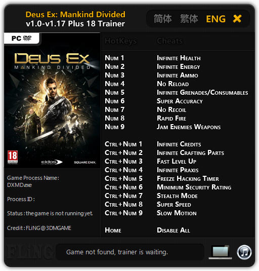 Deus Ex: Mankind Divided - Trainer +18 v1.0 - 1.17 {FLiNG}
