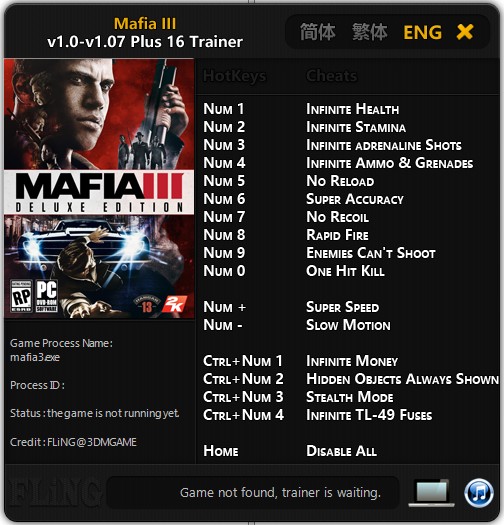 Mafia 3: Trainer (+16) [1.0 - 1.07] {FLiNG}