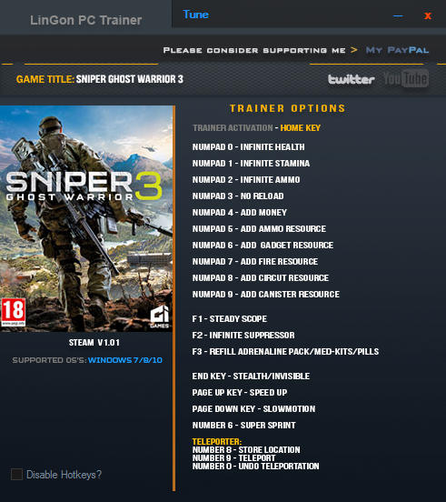 Sniper: Ghost Warrior 3 - Trainer +18 v1.01.0 64bit {LinGon}