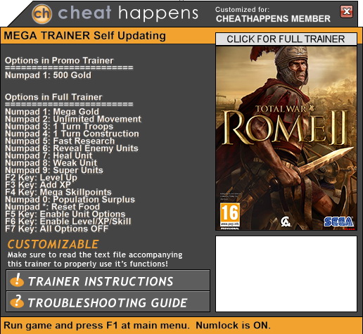 Total War: Rome 2 - Trainer +14 v2.2.0 + Emperor's Edition (AUTO-UPDATING)