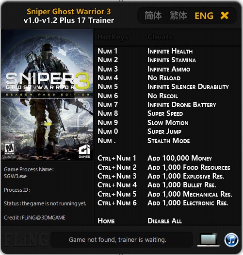 Sniper: Ghost Warrior 3: Trainer (+17) [1.0 - 1.02] {FLiNG}