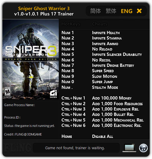 Sniper: Ghost Warrior 3 - Trainer +17 v1.0 - 1.0.1 {FLiNG}