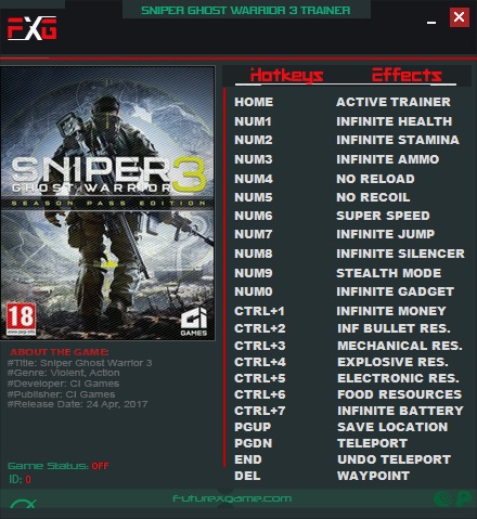 Sniper: Ghost Warrior 3: Trainer (+19) [1.01] {FutureX}