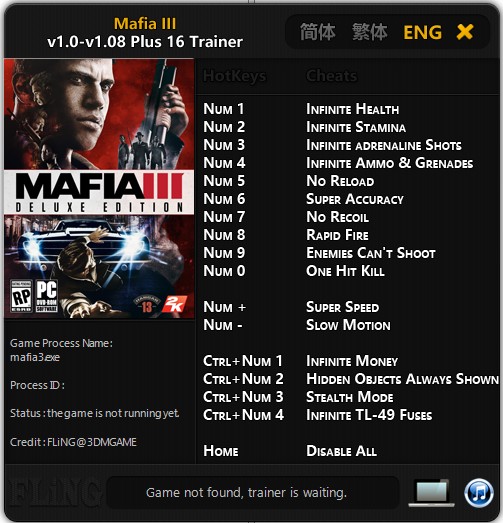 Mafia 3: Trainer (+16) [1.0 - 1.08] {FLiNG}
