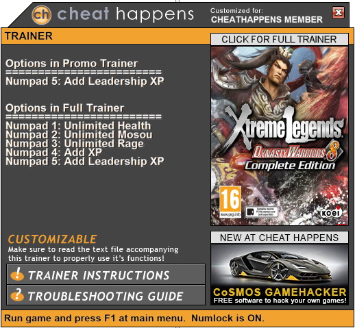 Dynasty Warriors 8: Xtreme Legends Complete Edition - Trainer +5 (PATCH 06.29.2017) {CheatHappens.com}