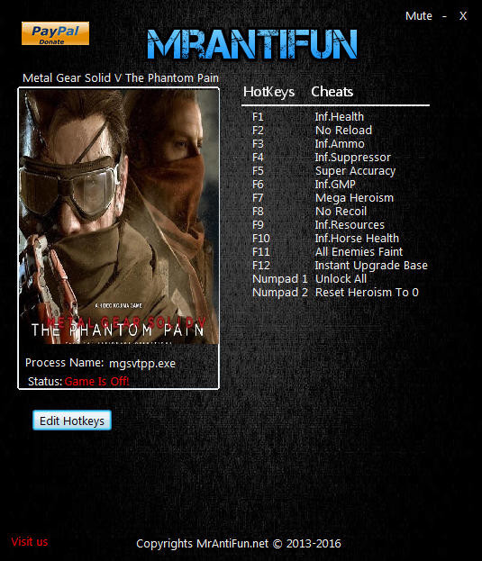 Metal Gear Solid 5: The Phantom Pain - Trainer +14 v1.10B {MrAntiFun}
