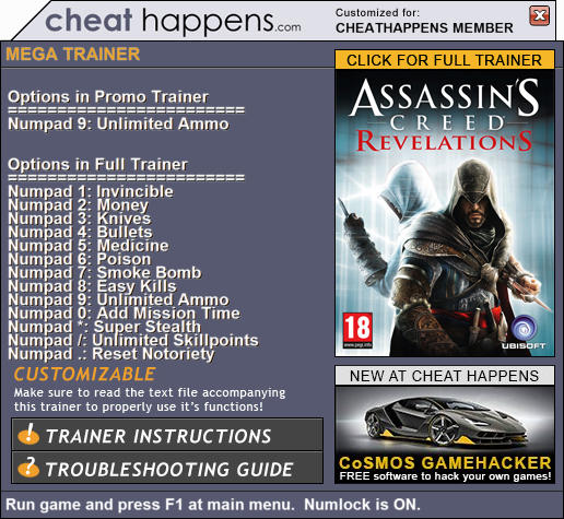 Assassin's Creed: Revelations - Trainer +13 v1.03 (STEAM 07.19.2017) {CheatHappens.com}