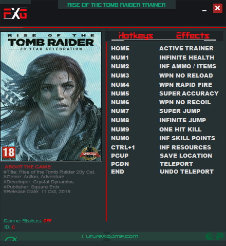 Rise of the Tomb Raider - 20 Year Celebration: Trainer (+12) [1.0: Build 767.2_64] {FutureX}