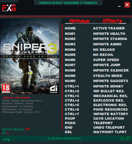 Sniper: Ghost Warrior 3: Trainer (+19) [1.0.3] {FutureX}