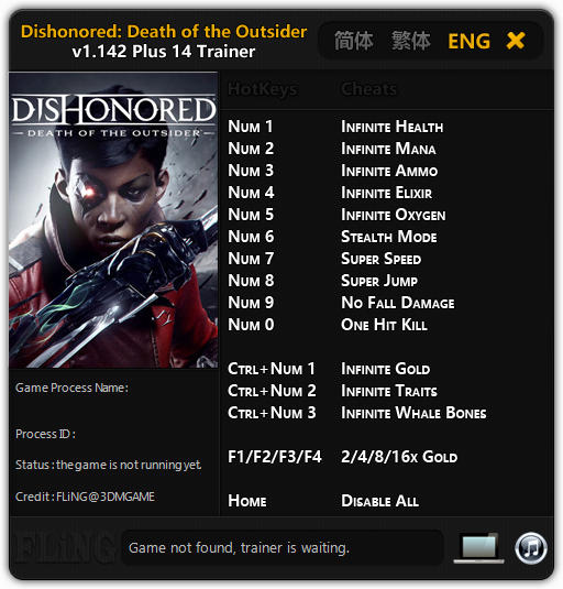 Dishonored: Death of the Outsider - Trainer +14 v1.142 {FLiNG}