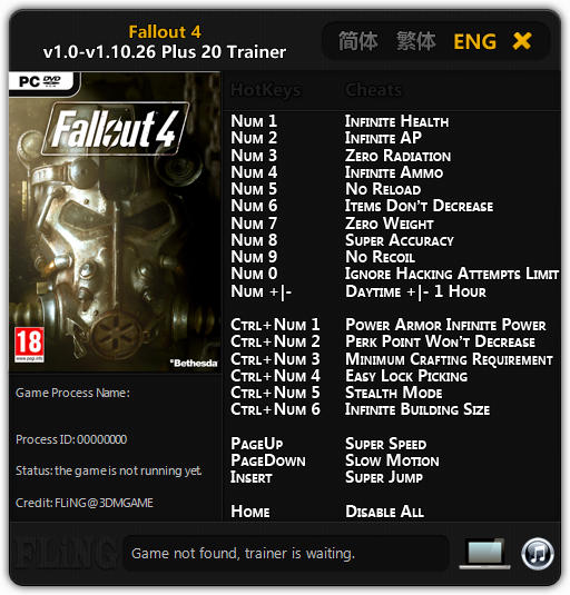 Fallout 4: Trainer +20 v1.0 - 1.10.26 {FLiNG}