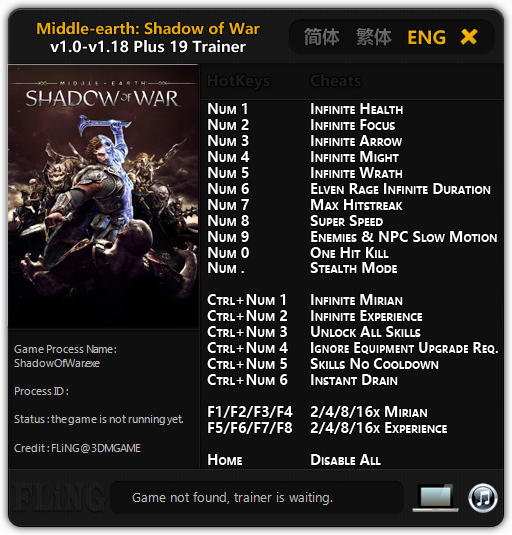 Middle-earth: Shadow of War - Trainer +19 v1.0 - 1.18 {FLiNG}