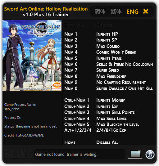 Sword Art Online: Hollow Realization Deluxe Edition - Trainer +16 v1.0 {FLiNG}