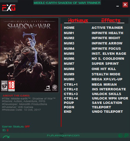 Middle-earth: Shadow of War: Trainer (+15) v1.0 [Upd:29.10.2017] {FutureX}