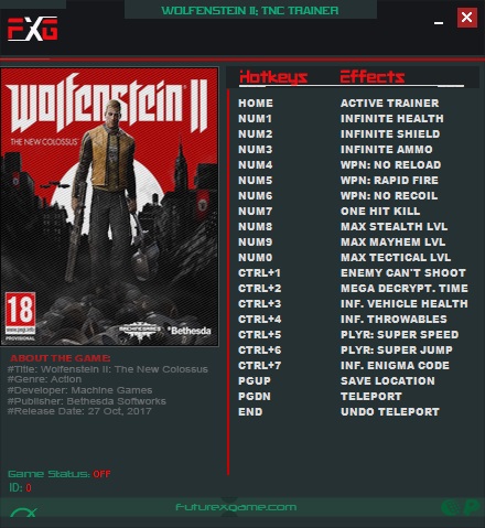 Wolfenstein 2: The New Colossus: Trainer +18 v1.0 Update 6 {FutureX}
