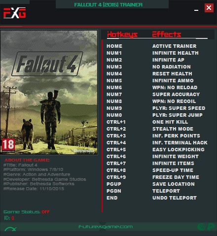 Fallout 4: Trainer +20 v1.10.64 {FutureX}
