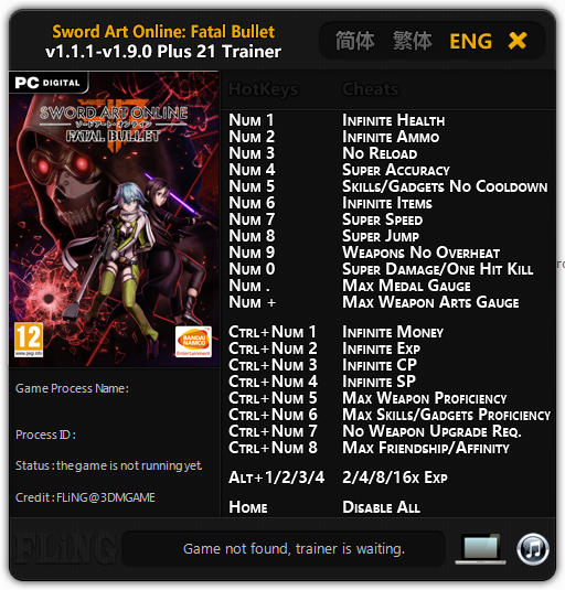 Sword Art Online: Fatal Bullet - Trainer +21 v1.1.1 - 1.9.0 {FLiNG}